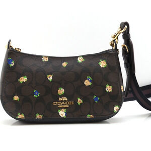 Coach C6823 Black Floral Shoulder Crossbody Bag Gold Tone Logo Adjustable Strap